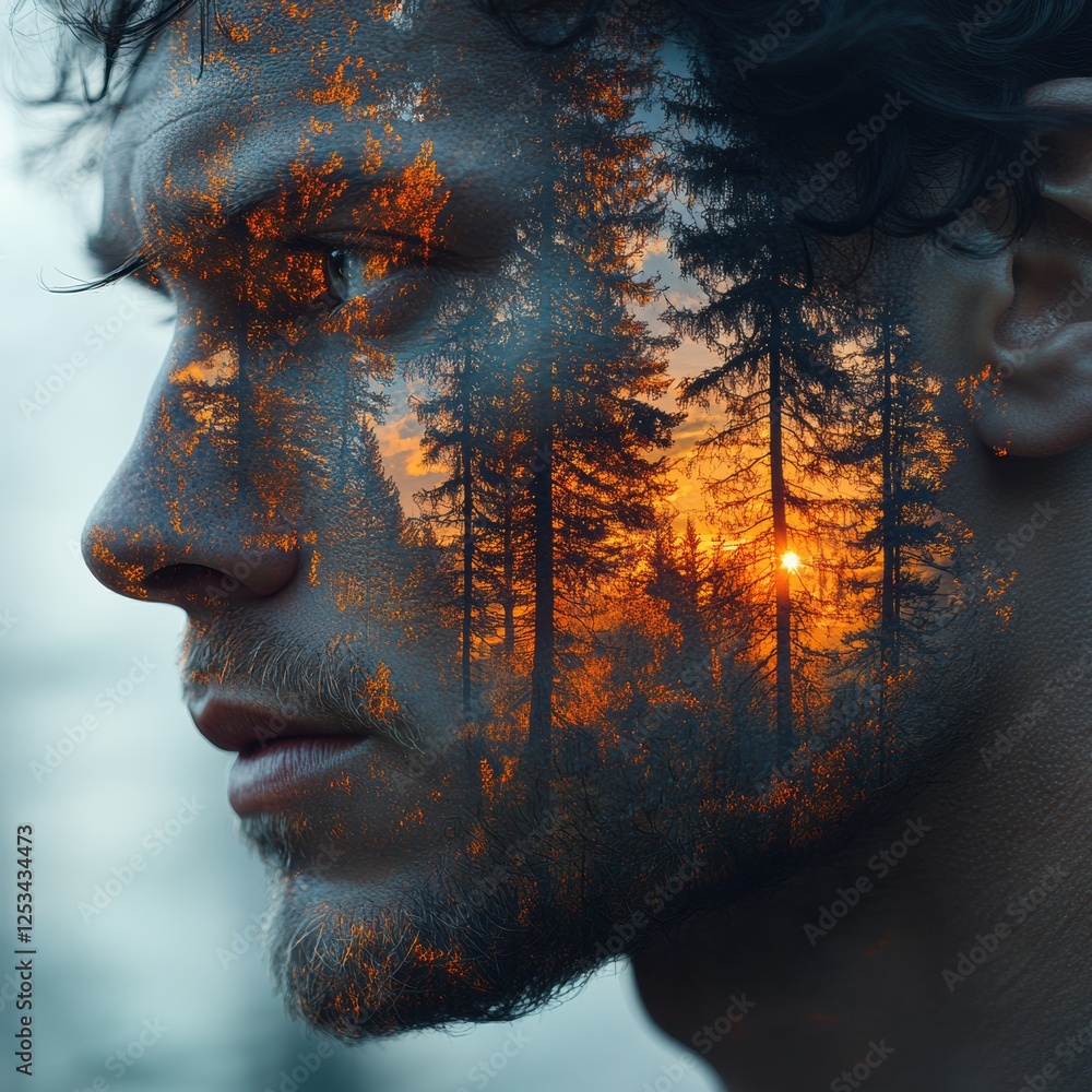 Poster man with a forest sunset reflection on his face in a serene outdoor setting during twilight. generat