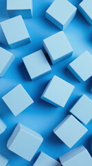 Abstract arrangement of light blue cubes on a blue background geometric pattern with modern minimalist style