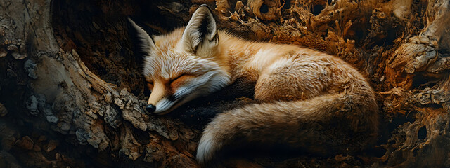 Photograph of a cute baby fox sleeping in the forest
