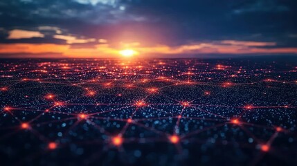 Sunset over connected city, network nodes, future tech