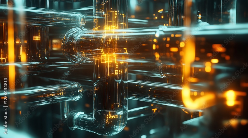 Poster abstract network of interconnected pipes with glowing light patterns inside