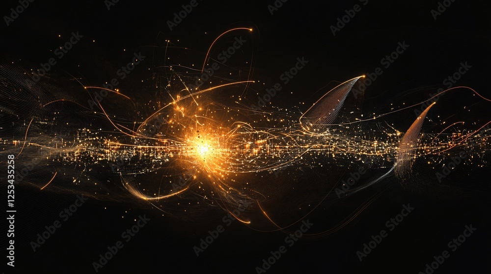 Poster abstract golden light trails and particles on dark background visual effect