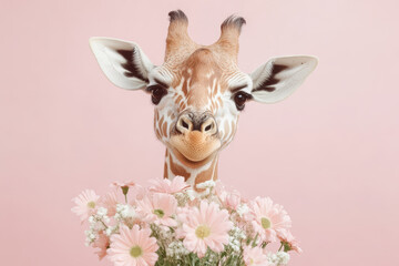 Fototapeta premium Giraffe with floral crown in pastel pink background for whimsical animal portrait concept