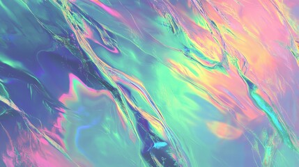 Abstract holographic background with vibrant liquid and metallic textures in pink, green, and blue hues, suitable for modern design elements and wallpapers.