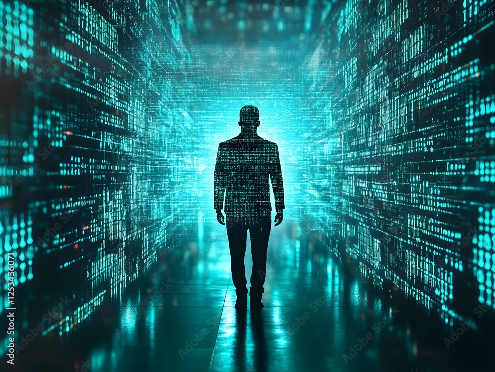 Fototapete Man Standing in Digital Corridor with Glowing Binary Code Background