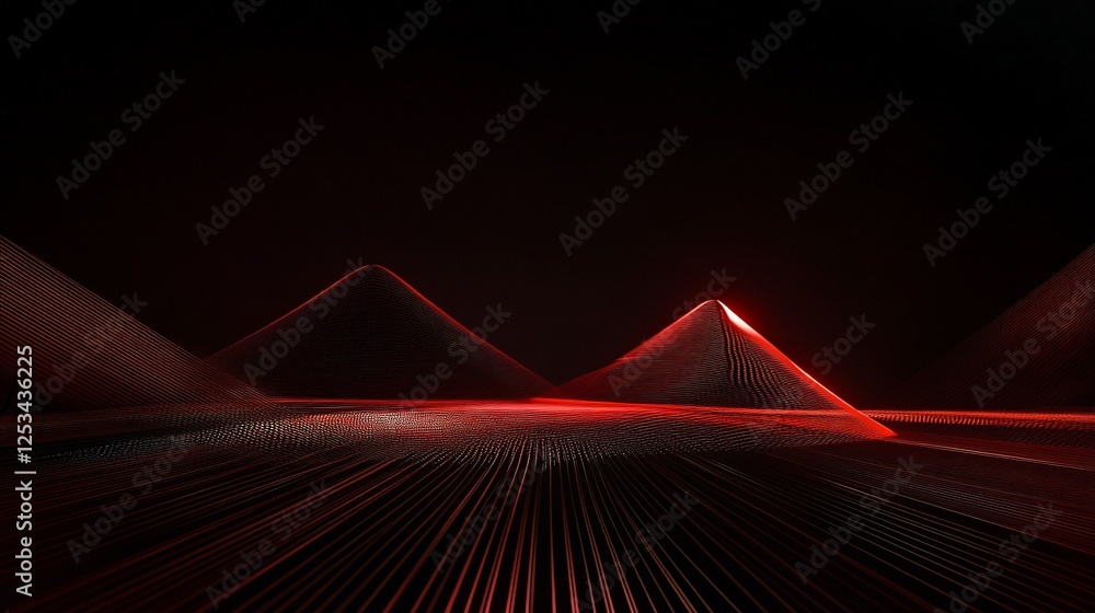 Aufkleber abstract red pyramids with linear pattern on a dark background, glowing geometric shapes