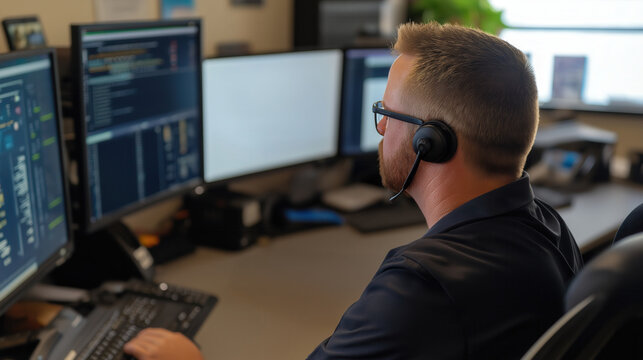 High-Tech Logistics Command Center with Multiple Screens and Operator
