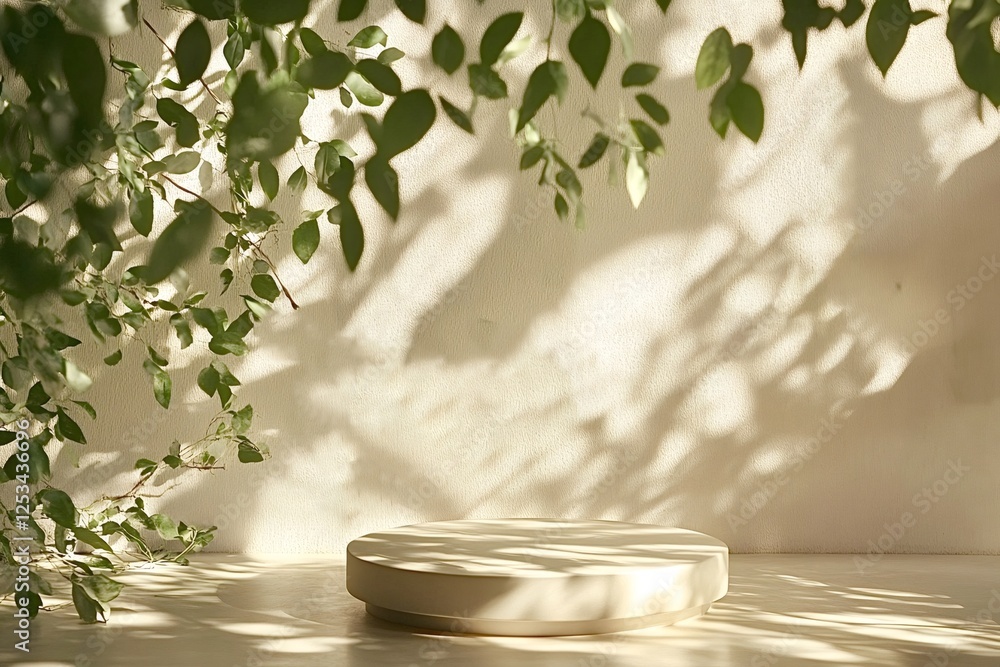 Poster empty round podium displaying products on table with leaves and shadows of branches on beige wall cr