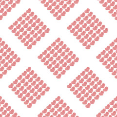 Hand drawn hearts. Pink watercolor. Squares of love symbols. Diagonal checkered print. Seamless festive pattern for your design. White background