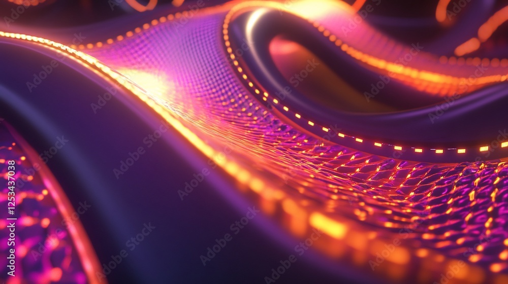Poster abstract purple wavy surface with illuminated orange stripes and grid pattern design
