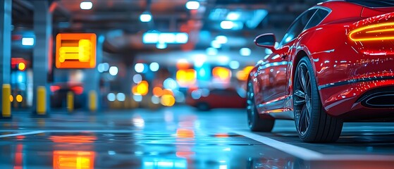 Airport Car Rental Sleek Red Luxury Sports Car in Illuminated City Parking Lot at Night