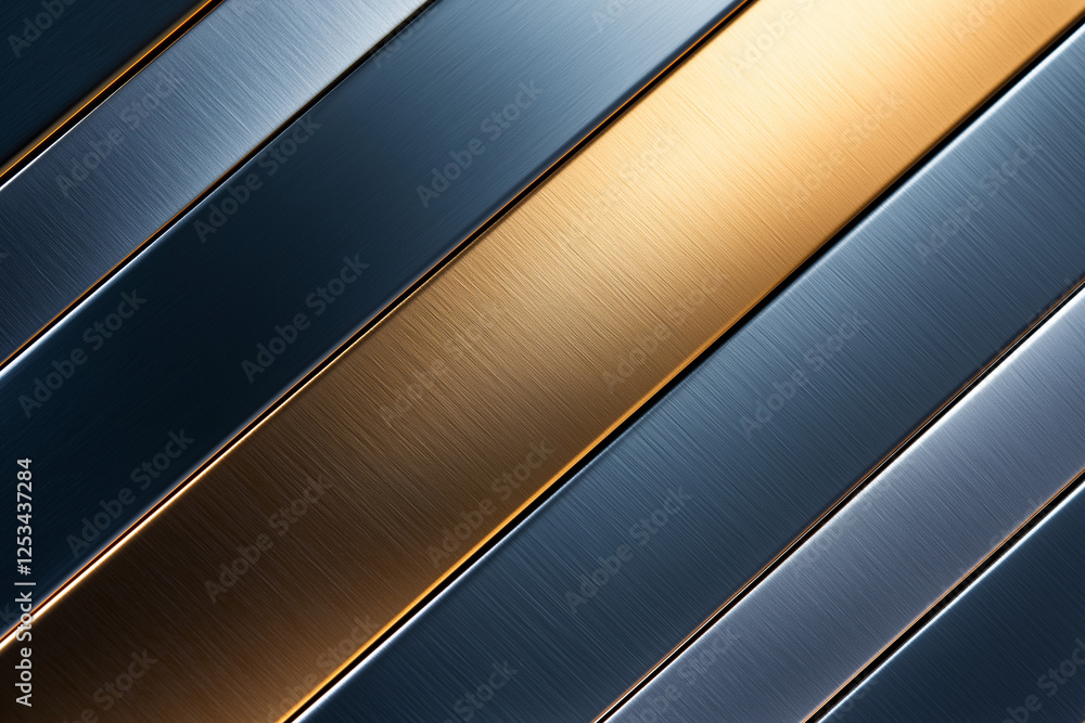 Poster sleek metal textured background with shiny reflections in gold and blue tones. diagonal lines create