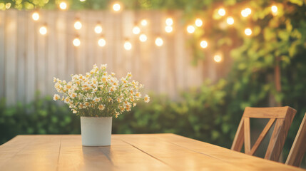 Fototapeta premium Potted daisies on outdoor wooden table with glowing string lights and green foliage garden evening atmosphere