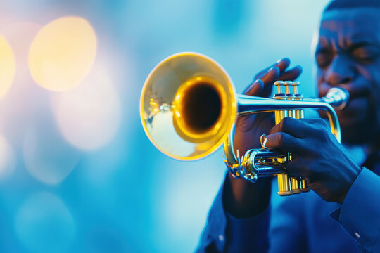 African American man playing trumpet with focus on hands and instrument in vibrant jazz performance setting