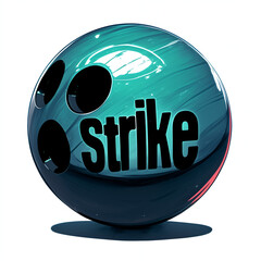 A stylized graphic of a teal bowling ball with holes drilled in it and the word "strike" overlaid in bold, black letters.