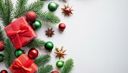 christmas composition christmas red and green decorations on white background flat lay top view copy space