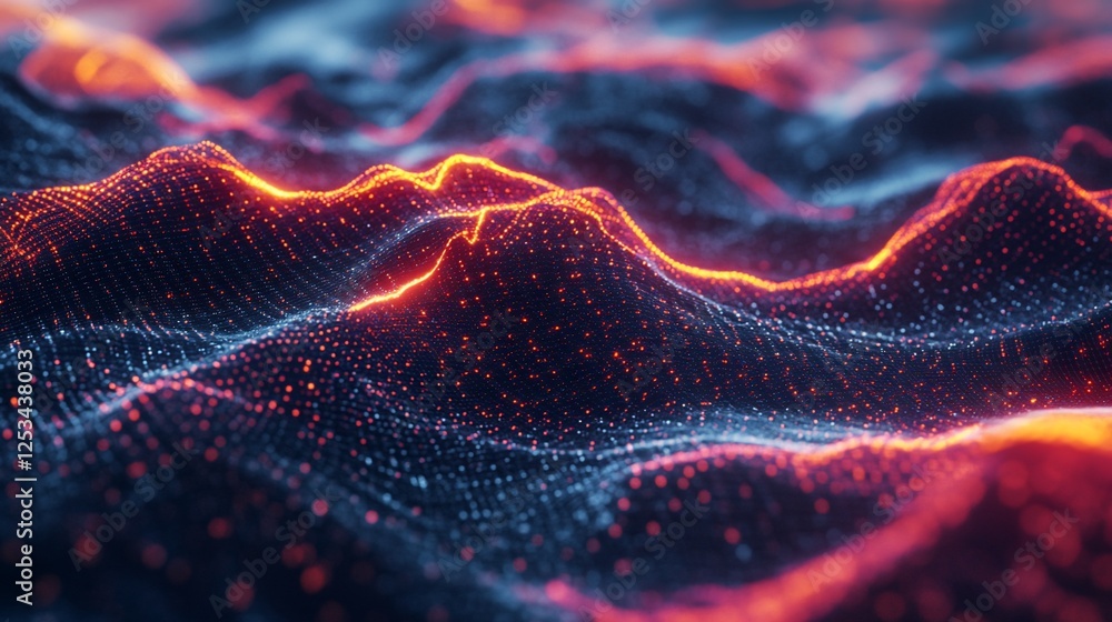 Poster abstract glowing data waves visualized in dynamic digital landscape