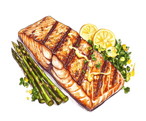 A beautifully illustrated grilled salmon fillet with a rich, flaky texture, complemented by a drizzle of lemon butter sauce and a side of asparagus, transparent background, PNG