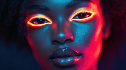 A womans face with neon lines creates a futuristic and serene digital art piece, blending modern technology with art, perfect for digital, sci-fi, or abstract-themed photography.
