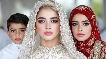 Obraz premium Beautiful Middle Eastern bride in an embroidered white veil stands with a woman in a red hijab and a young boy at a wedding celebration.