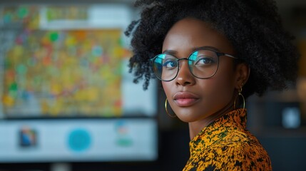 Confident African American woman wearing glasses, deeply focused on financial data analysis on her laptop
