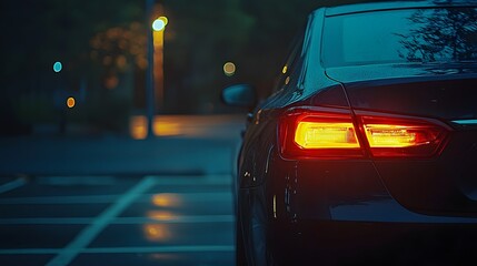Obraz premium Airport Car Rental Glowing Taillight Amidst the Dimly Lit Urban Landscape at Night