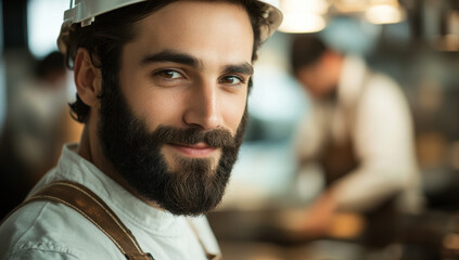 A strong bearded chef looks confidently at the camera while preparing food in a busy kitchen with coworkers in the background