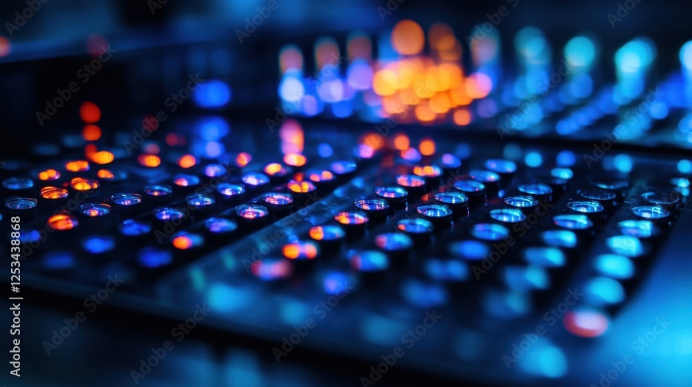 Poster close up of colorful led lights forming abstract patterns on a control panel. the vibrant blue and o