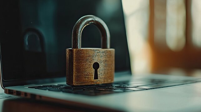 A wooden padlock rests on a laptop, symbolizing security and privacy, emphasizing the importance of protecting personal data, cybersecurity, and the role of technology in safeguarding information
