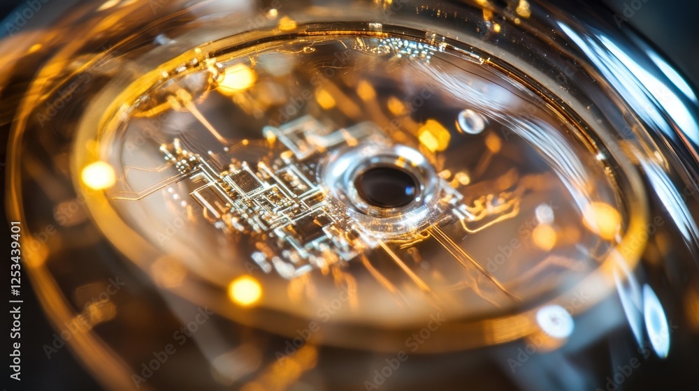 Aufkleber close up view of a complex electronic circuit, glowing with golden light. the intricate design highl