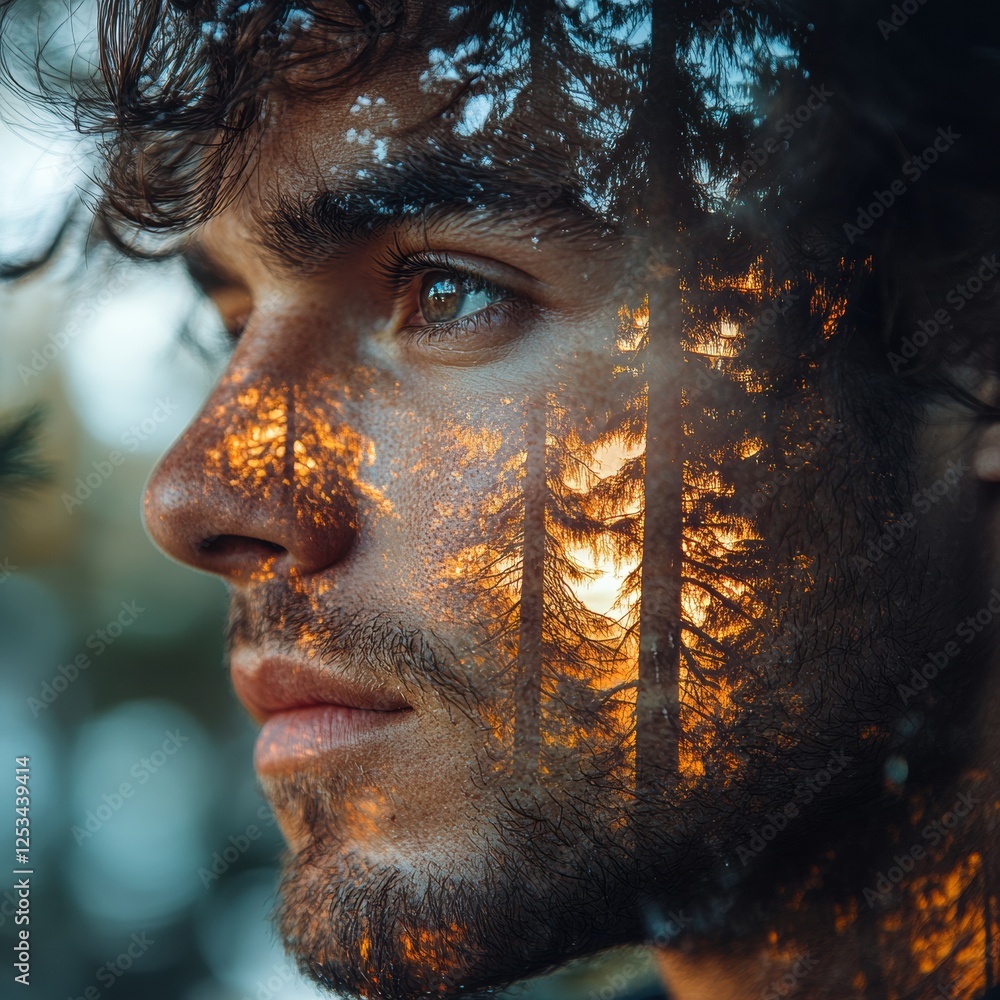 Poster portrait of a young man with a forest reflection conveying tranquility and connection to nature duri