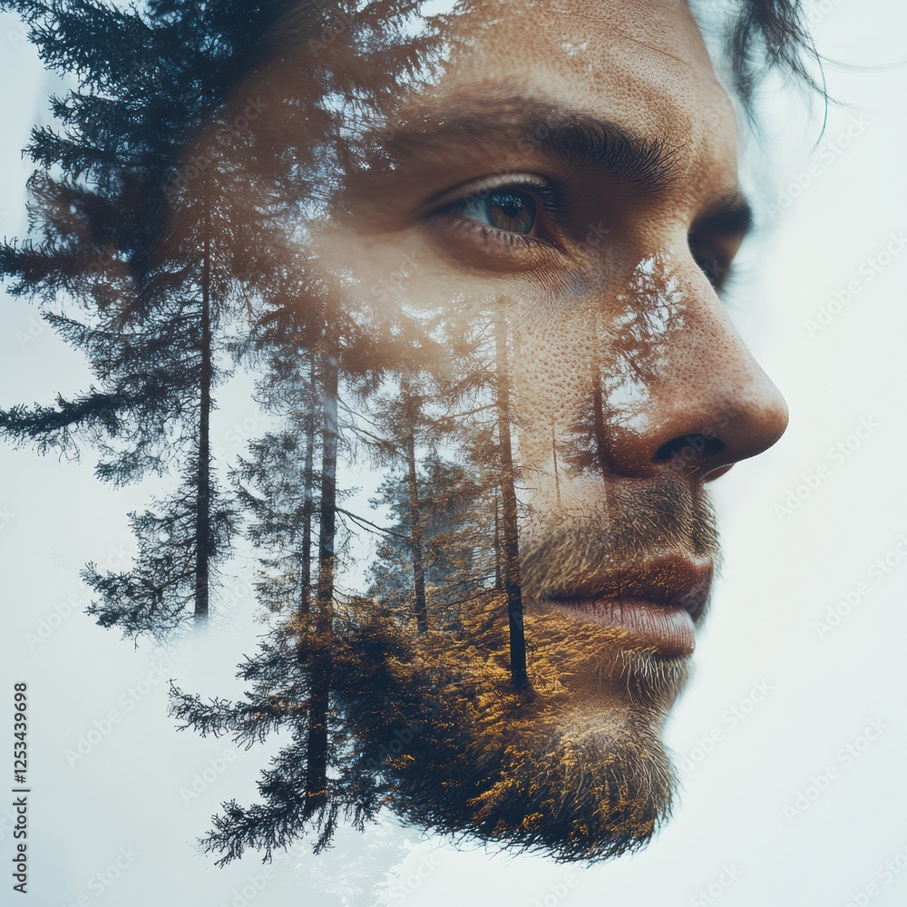 Poster man with thoughtful expression surrounded by overlapping forest imagery during a serene moment in na