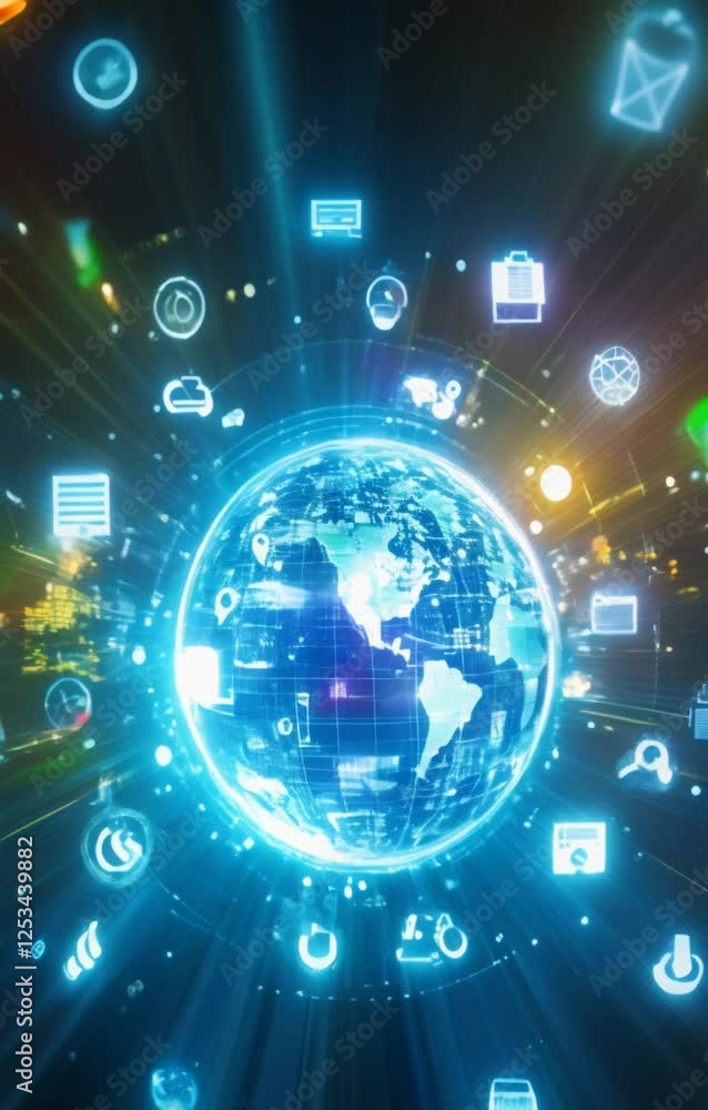 Poster illuminated earth surrounded by digital data streams representing global connectivity and technology