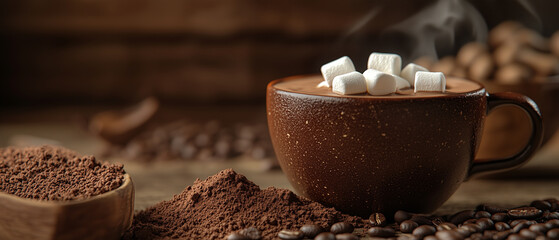 Deep ceramic mug of hot chocolate, marshmallows melting slightly, steam rising over cocoa powder and coffee beans