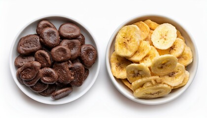 healthy chocolate covered banana chips and original banana chips isolated on a white background