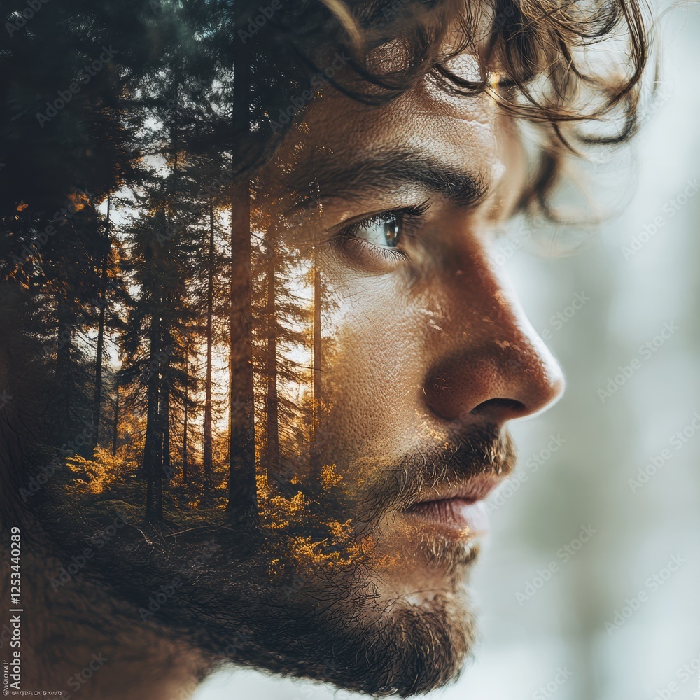 Poster portrait of a man with a forest reflection capturing the essence of nature and introspection. genera