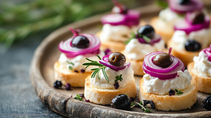 Elegant canap&eacute;s with cream cheese, olives, and red onion on a rustic plate, soft-focus gourmet background