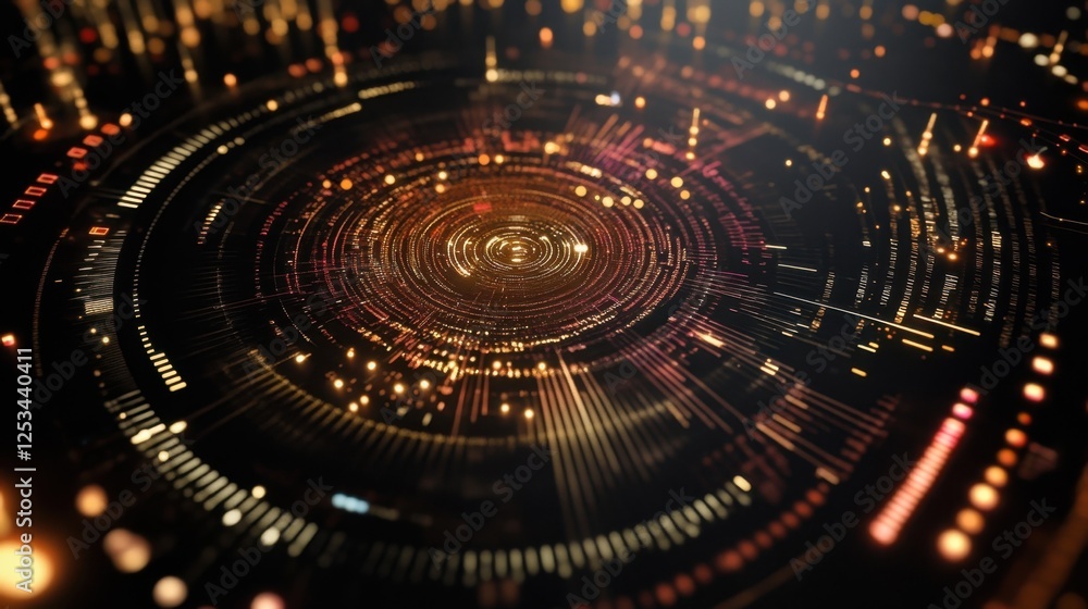 Poster abstract visualization of a digital network, showcasing interconnected data streams in a circular pa