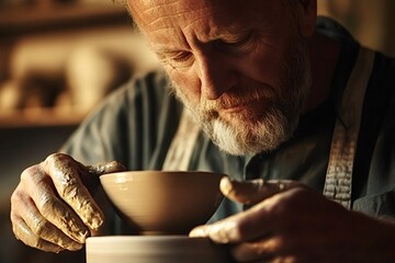 Senior potter carefully shaping a clay bowl on a pottery wheel, demonstrating skilled hands and intense focus in a vibrant workshop filled with the essence of creativity and craftsmanship