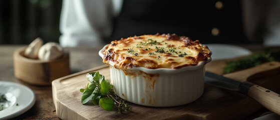 Elegant Italian lasagna presentation with side garnishes, soft window light enhancing textures