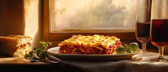 Elegant Italian lasagna presentation with side garnishes, soft window light enhancing textures