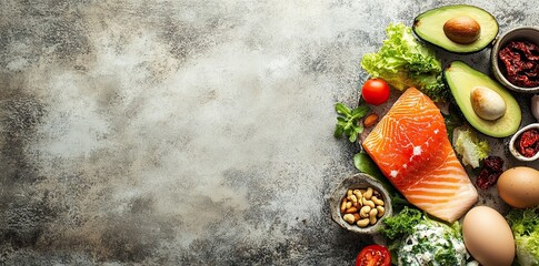 A long banner format top view showcasing a balanced low-carb meal plan with vegetables salad, avocado, fish, eggs, nuts, focusing on protein and fat, suitable for a keto ketogenic diet