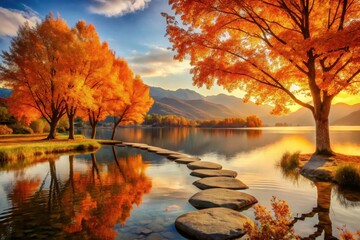 Obraz premium Serene Autumnal Landscape Golden Trees Reflected in Still Waters, Stepping Stones Leading to Tranquil Sunset