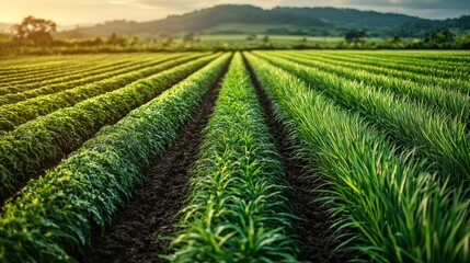 Sunset over rows of crops in a rural field