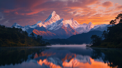 Fototapeta premium A breathtaking mountain range at sunrise reflects in the lake, ideal for stock content about nature, travel or landscape photography