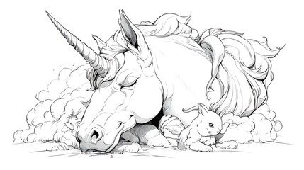 A serene unicorn resting peacefully with a rabbit in a fluffy cloud background