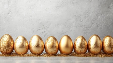 Easter banner featuring a row of golden metallic painted eggs on stone texture background, copy space
