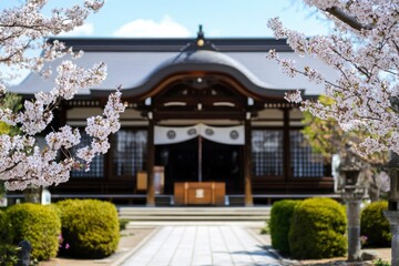 Fototapeta premium Cherry blossoms in front of traditional Japanese shrine