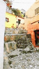 Watercolor view of a narrow street with stone steps, in Posada, a small village in Sardinia, Italy.