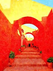 Watercolor of a narrow street with steps in a small village in South America on a sunny day.